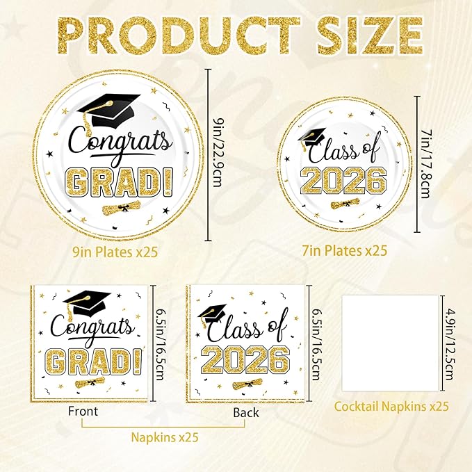 2026 Graduation Party Supplies Tableware Set - 100 Pcs White Gold Graduation Plates and Napkins Class of 2026 Disposable Dinnerware for College High School Congrats Grad Party favors, Serve 25