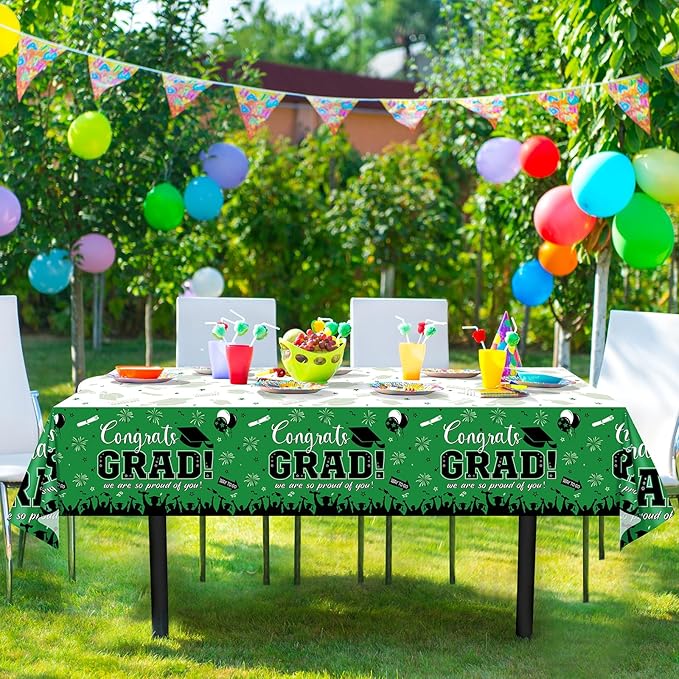 3 Pack Graduation Tablecloth Party Decorations, Class of 2026 Congrats Grad Plastic Tablecover Party Supplies, Green Rectangle Graduation Table Decorations for College High School Party, 54 x 108 Inch