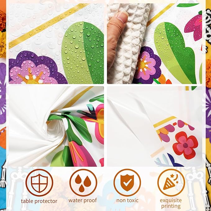 Oudain 3 Pcs Fiesta Tablecloth 108 x 54 Inch Plastic Tablecover Mexican Waterproof Tablecloth Disposable Table Cover for Taco Night Festive Mexican Fiesta Wedding Party Decoration (White 1)