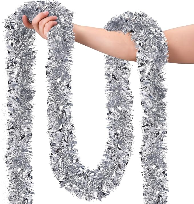 39.5 Ft Christmas Tinsel Garland, Reusable Holiday Metallic Christmas Tree Garland Decoration for Xmas, Wedding, Birthday, Home Party Decor (Silver)