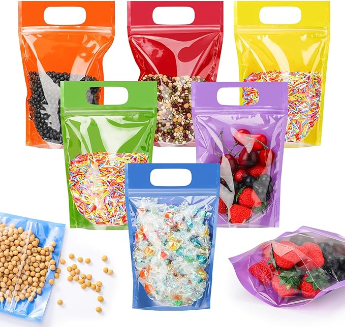 120 Pcs Plastic Gift Bag Bulk 5.5 x 8.7 Inch Resealable Party Goodie Bag with Clear Window Color Favor Pouch with Handle for Home Birthday Wedding Party Candy Gift Wrap Supply(Clear)