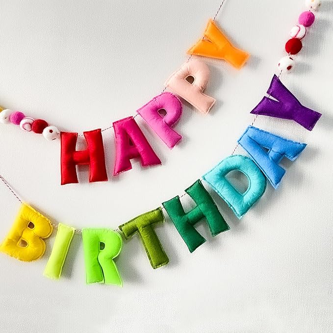 Pre-Strung Happy Birthday Banner - Felt Ball Garland - Reusable HAPPY BIRTHDAY Garland, Rainbow Party Decorations, Personalized Holiday Sign for Party Decor, Kids Room Decor, Photo Prop (Rainbow)