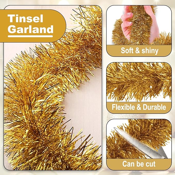 50 Feet Christmas Tinsel Garland, Metallic Twist Garland Wall Hanging Tinsel Garland Backdrop for Parade Floats, Carnival, Birthday, Wedding, New Year Party Decorations (Champagne Gold, 2in x 50ft)