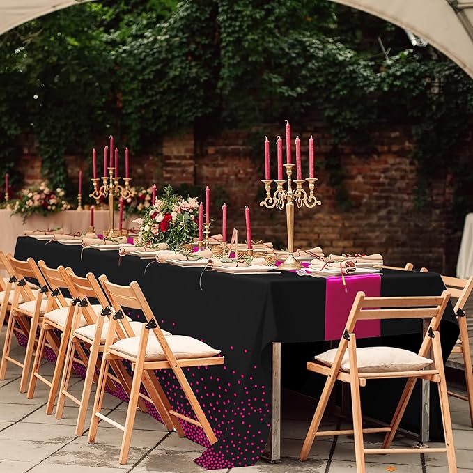3Pcs Black Hot Pink Tablecloth Party Decorations,Plastic Black Table Cloth Printed Hot Pink Table Runner Disposable Rectangle Cover for Birthday Wedding Anniversary Graduation Party,54x108 Inch