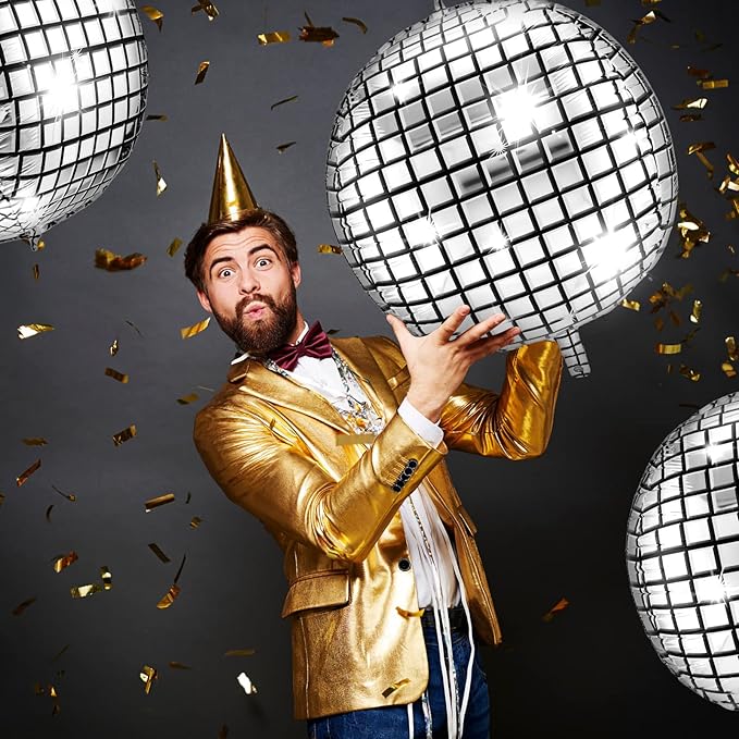 Leitee 6 Pcs 32 in Big Disco Ball Balloon 70s Disco Balloons Party Decoration Large 4d Aluminum Foil Inflatable Ball Giant Silver Metallic Mirror Decor for Baby Shower Wedding Birthday Dance Party