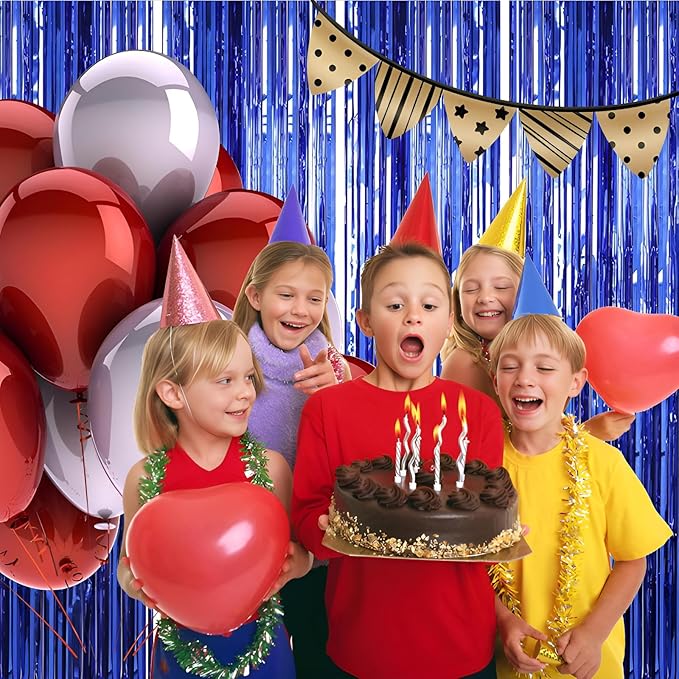 Valentines Day 4 Pack 3.3 * 8.3 ft Foil Curtain Metallic Tinsel Fringe Curtains Photo Booth Props Backdrop for Birthday Wedding Engagement Baby Shower Christmas Holiday Celebration Party,Blue
