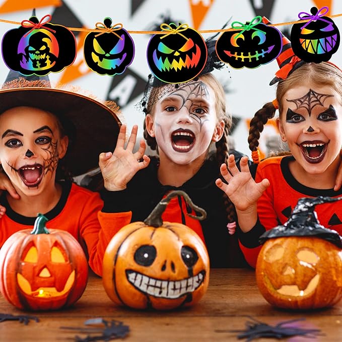 JULMELON 36 Pieces Halloween Scratch Paper Crafts Kit Bulk of Halloween Pumpkins Magic Rainbow Scratch Art for Kids DIY Party Ornaments Halloween Decor with 12 Wooden Sticks and 36 Colorful Ribbons