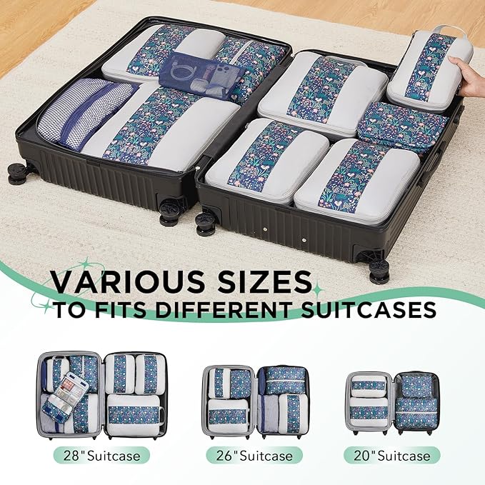 10 Set Compression Packing Cubes for Travel Essentials,Compressible Expandable Packing Cubes for Suitcase,OlarHike Luggage Organizer Bags,Handy Helper for Organizing Clothes(Dark Blue Floral)