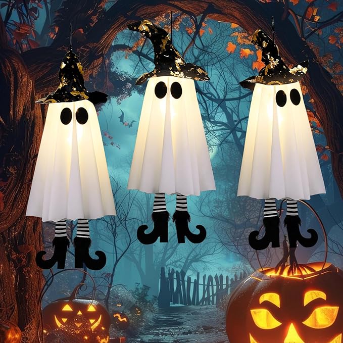 Halloween Decorations Outdoor,Set of 3 Halloween Hanging Spirits with Cone Caps, Swaying Glow Decor Lights for Yard Patio Lawn Garden Party Porch Decor