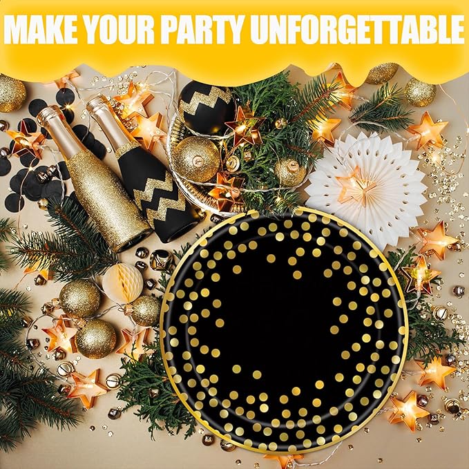 175PCS Black and Gold Paper Plates Party Supplies for 25 Guests Disposable Party Decorations Dinnerware Golden Dot Black Paper Plates Napkins Cups Gold Plastic Forks Knives Spoons for Parties