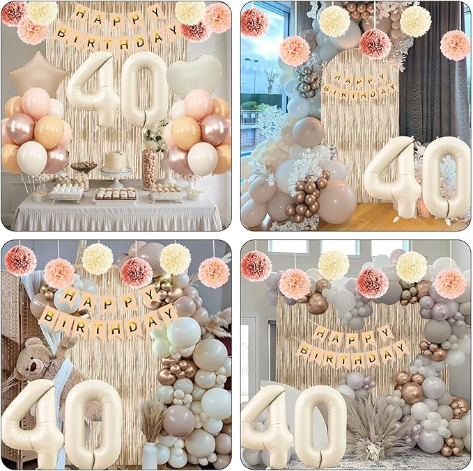 Beige 40th Birthday Decorations for Women Cream Number 40 Balloon Nude Gold Happy Birthday Banner Fringe Curtain Paper Pom Poms Blush White Sand Champagne Star Foil Balloons Neutral Boho Party Decor