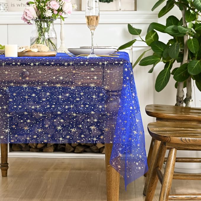 Horaldaily Royal Blue Gold Sparkling Star Gauze Tablecloth 52x70 Inch Rectangular, Golden Star Sequin Glitter Metallic Foil, Sheer Tulle Cheesecloth for Wedding Baby Shower Party