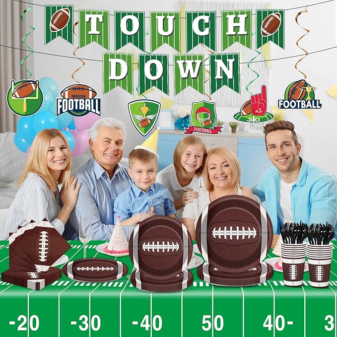 Qyeahkj 184pcs Football Party Supplies Decorations Set Serves 25 Includes Plates Napkins Cups Tablecloth Hanging Swirls Banner Tableware Kit for Football Game Party Decorations Favors