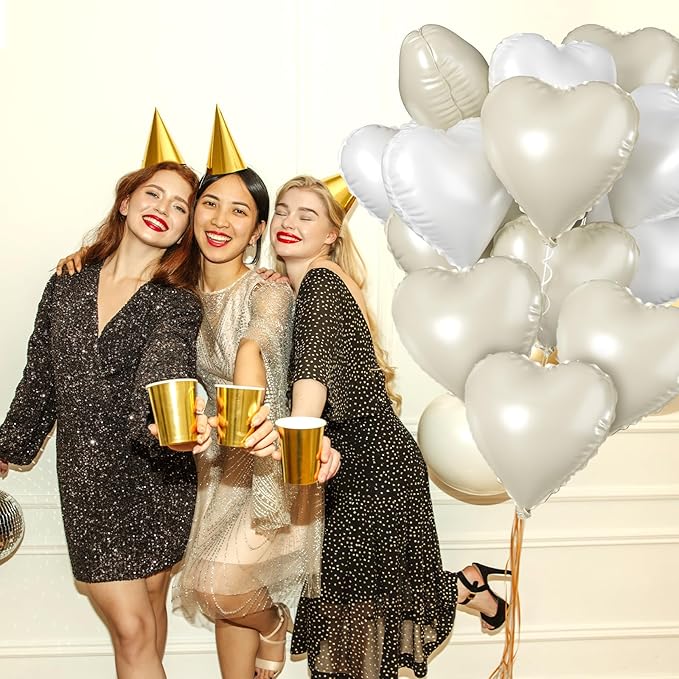 Biapian Cream Heart Balloons, 18 Inch Sand White Heart Shape Balloons Foil, 10 Pcs Beige Heart Balloons and White Foil Balloons Helium for Valentines Day Boho Birthday Wedding Baby Shower Decorations