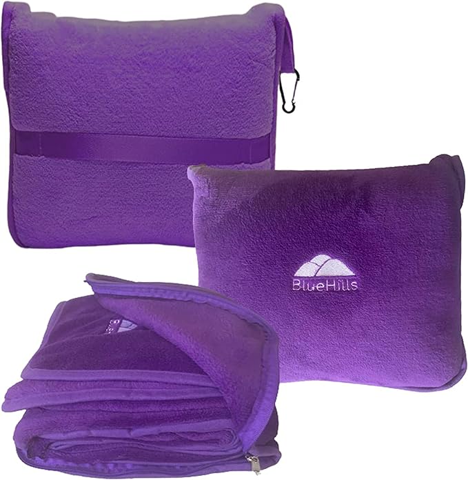 BlueHills Travel Blanket Pillow Premium Soft Plush for Airplane Travel Size Blanket Throw Long Flight Essentials in Compact Bag Plane Portable Lightweight Purple T021