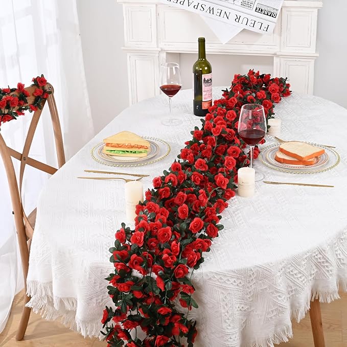 MARTINE MALL Flower Garland Rose Vines, 8 Strands 66Ft Flowers Vines for Bedroom, Rose Flower Garland Decoration, Red Rose Floral Garland for Room Table Birthday Wedding Party Garden Wall Decor