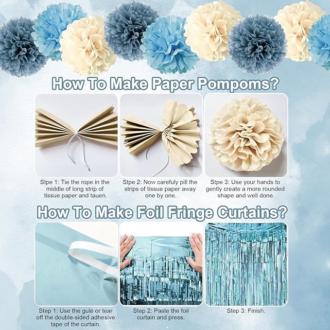 Blue Birthday Decorations, Retro Dusty Blue Sand White Gold Party Balloon Kit with Happy Birthday Banner Fringe Curtain Background Pom Poms Cake Topper for Baby Boys Girl Women Men Bday Decor Supplies