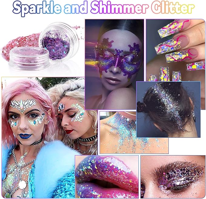 Laza Mardi Gras Body Glitter, 2 Jars Gold Purple Green Chunky Sequins with Glue Women Eyeshadow Fat Tuesday Face Paint Festival Rave Outfit Hair Accessories Party Costumes – Mardi Gras Carnival