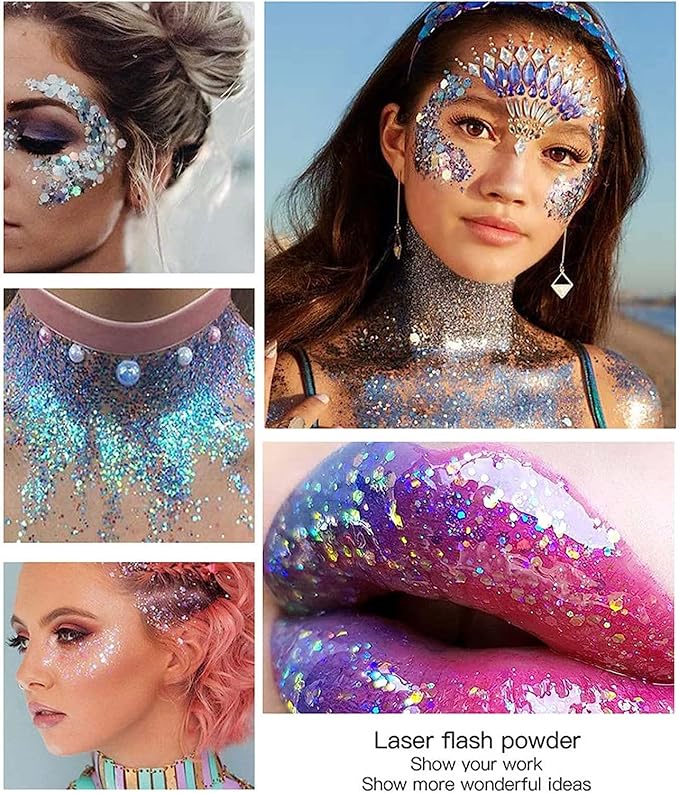DAGEDA Body Glitter Gel, Body Sequins Shimmer Liquid Eyeshadow, Chunky Glitter for Face Hair Nails, Holographic Cosmetic Laser Powder Festival Glitter Makeup 50ml(Silver)