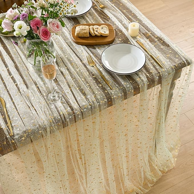 Horaldaily Beige Gold Sparkling Star Gauze Tablecloth 60x140 Inch Rectangular, Golden Star Sequin Glitter Metallic Foil, Sheer Tulle Cheesecloth for Wedding Baby Shower Party