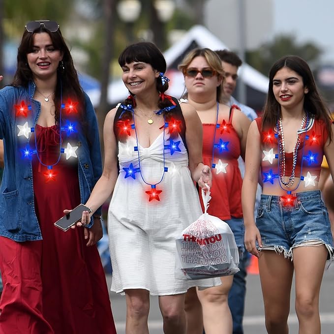 8PCS 4th of July Necklaces, Fourth of July Light up Necklace Accessories, Patriotic Red White Blue Independence Day 7 Bulb Bulk, Glow Accessories for Memorial Day Veterans Day Patriotic Party Parades