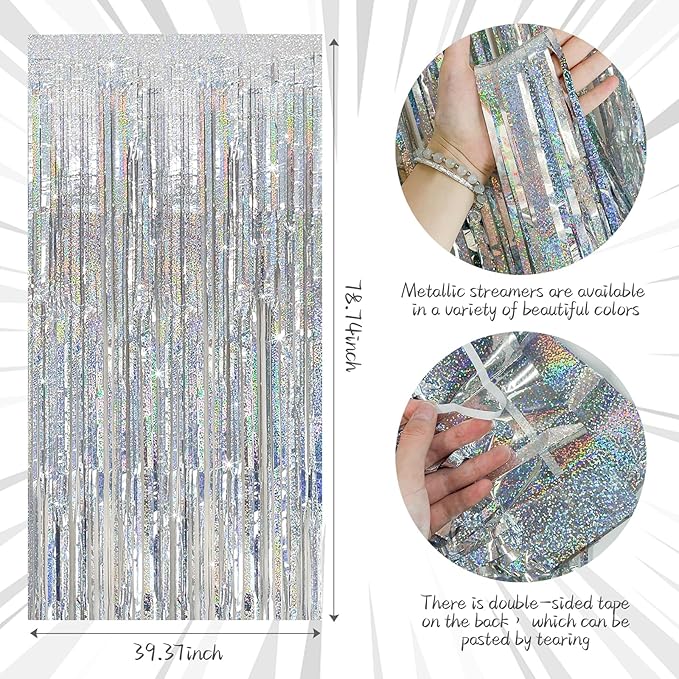 Tinsel Curtain Party Backdrop Silver Birthday Party Decorations 10 Packs Glitter Foil Fringe Curtain Party Decor Streamers Photo Booth for Birthday Christmas Wedding Halloween Graduation Decorations