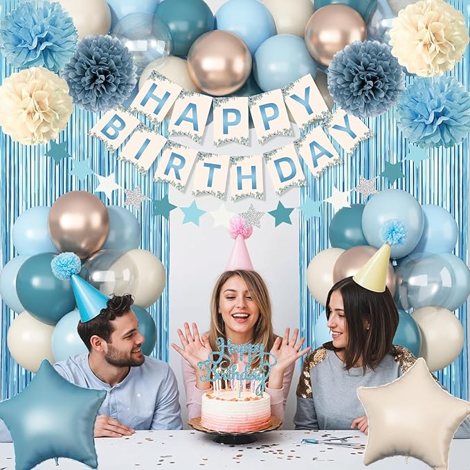 Blue Birthday Decorations, Retro Dusty Blue Sand White Gold Party Balloon Kit with Happy Birthday Banner Fringe Curtain Background Pom Poms Cake Topper for Baby Boys Girl Women Men Bday Decor Supplies