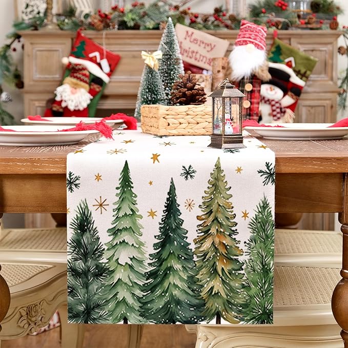 GEEORY Christmas Table Runner 13x48 Inch, Xmas Tees Snowflakes Holiday Decorative Farmhouse Table Decoration for Kitchen Dinning, Indoor Outdoor Dinner Party Decor (Light Green) GT166-48