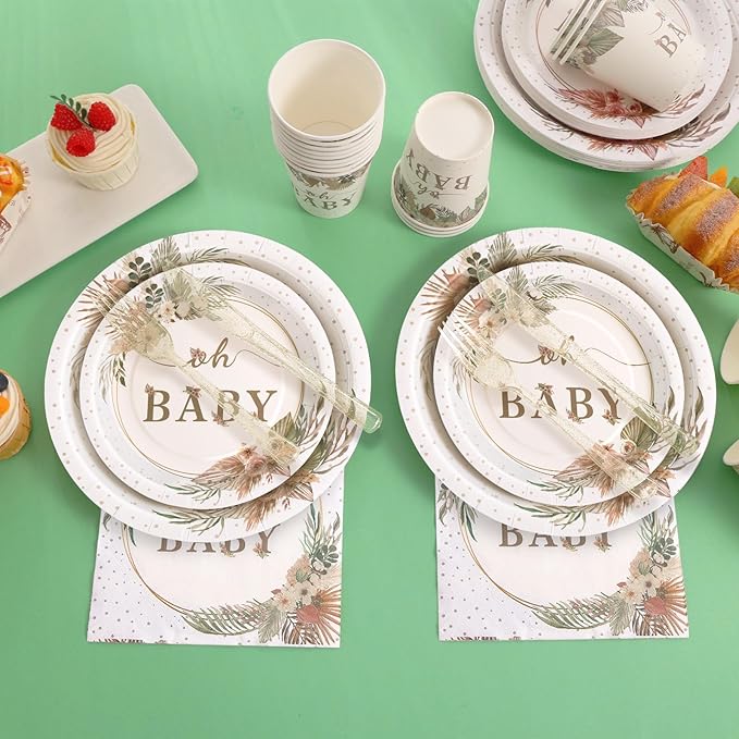 350 Pcs Boho Baby Shower Decorations for Girl, Baby Shower Plates and Cups and Napkins Sets, Oh Baby Plates for Western Sweet Baby Girl, Summer Fall Gender Neutral, Serves 50