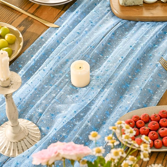 Horaldaily Light Blue Gold Sparkling Star Gauze Tablecloth 52x70 Inch Rectangular, Blue Star Sequin Glitter Metallic Foil, Sheer Tulle Cheesecloth for Wedding Baby Shower Party