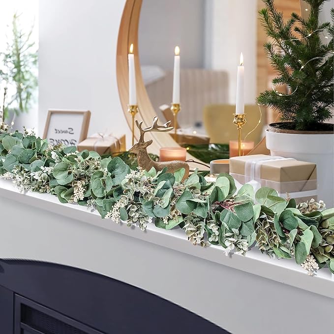 Ouddy Decor 2 Pack Eucalyptus Garland Total 13.1 Ft Lush Silver Dollar Leaves Boxwood with White Buds Artificial Faux Greenery Vines for Baby Shower Wedding Party Table Runner Room Home Mantle Decor