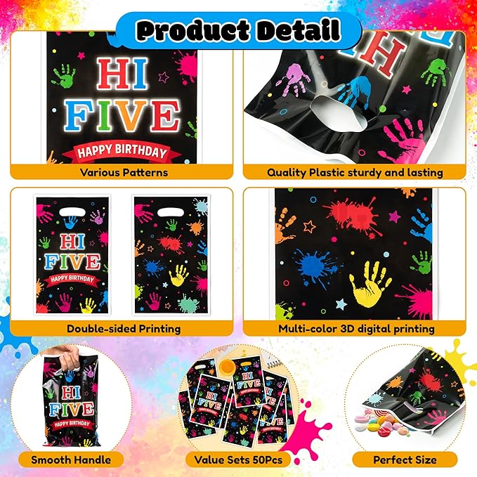 Hi Five Painting Party Favor Bags - 50Pcs Colorful Art Paint Goody Candy Treat Gift Bags, Artist Drawing Theme Plastic Birthday Party Favor Supplies Decorations for Kids Boys Girls