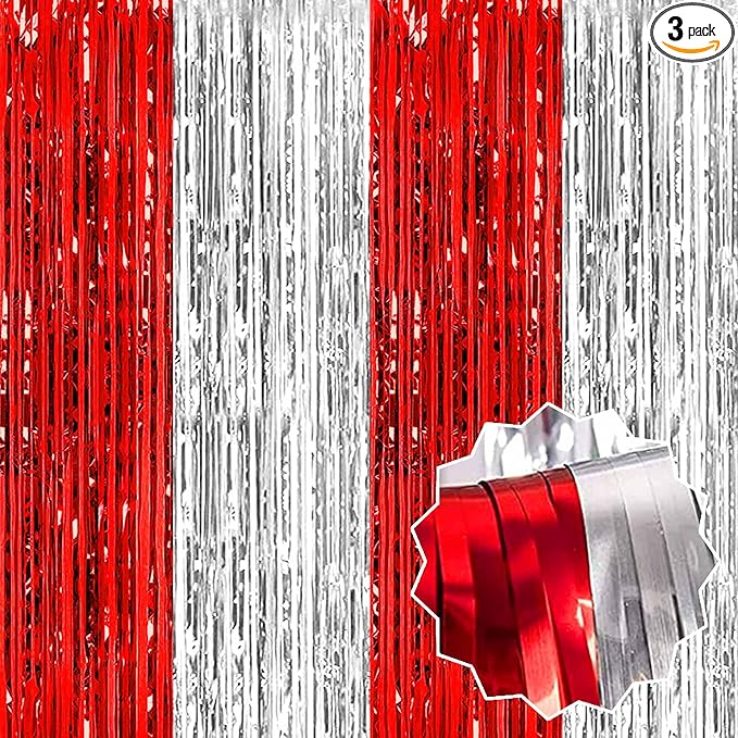 3 Pack Red and Silver Foil Fringe Curtains Backdrop, 3.28 x 8.2 Ft Metallic Streamers Tinsel Curtains Background for Photo Booth, Birthday, Halloween, Christmas, New Year Party Decorations