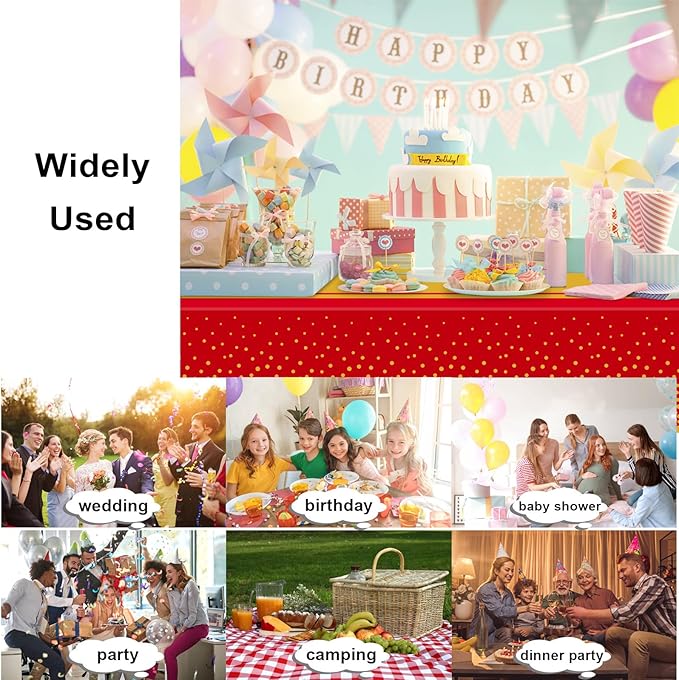 2 Pack Red and Gold Tablecloth Party Decorations Plastic Red Tablecloth Printed Gold Table Runner 54 x108 Inch Disposable Rectangle Table Cover for Birthday Wedding Graduation Anniversary