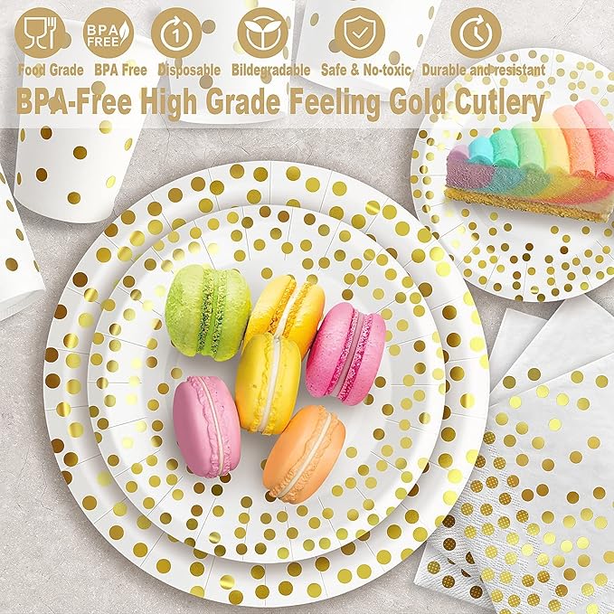 AIRE 175PCS White and Gold Paper Plates Party Supplies for 25 Guests Party Decorations Disposable Dinnerware Paper Plates Cups Napkins Gold Plastic Forks Knives Spoons for Wedding Birthday Graduation