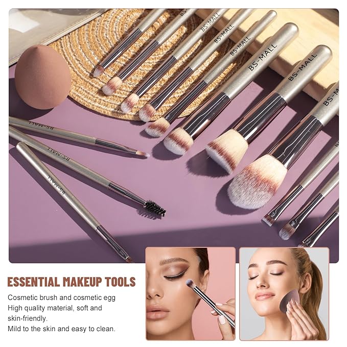 Travel Makeup Brush Set BS-MALL 14 Pcs with 1 Pcs Makeup Sponge – Essential Foundation Powder Concealers, Eye Shadows, Blush Makeup Brushes with Travel Makeup Case (Champagne)