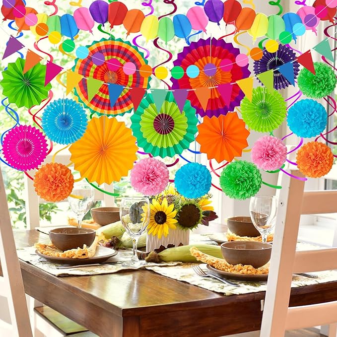 33Pcs Fiesta Decorations Cinco De Mayo Decorations Multi-Color Paper Fans Garlands Pennant Pom Poms Hanging Swirls For Birthday Wedding Rainbow Mexican Party