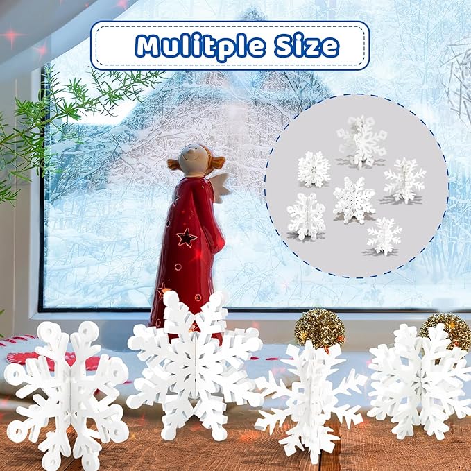 OuMuaMua 18 Sets Winter Christmas Centerpiece Table Decorations - 36pcs Wooden Snowflakes Decor 3D White Snowflake Tabletop Decor for Xmas Holiday Tiered Tray Desk Winter Farmhouse Home
