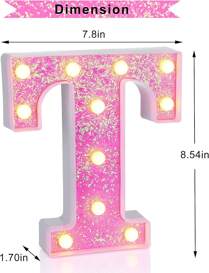 Foaky Pink Light up Letters，Pink Party Decorations,Girls Room Decor,Glitter Light Up Letters,Alphabet Letter Sign for Night Light Birthday Party Girls Gifts, Home Bar Decoration（T）