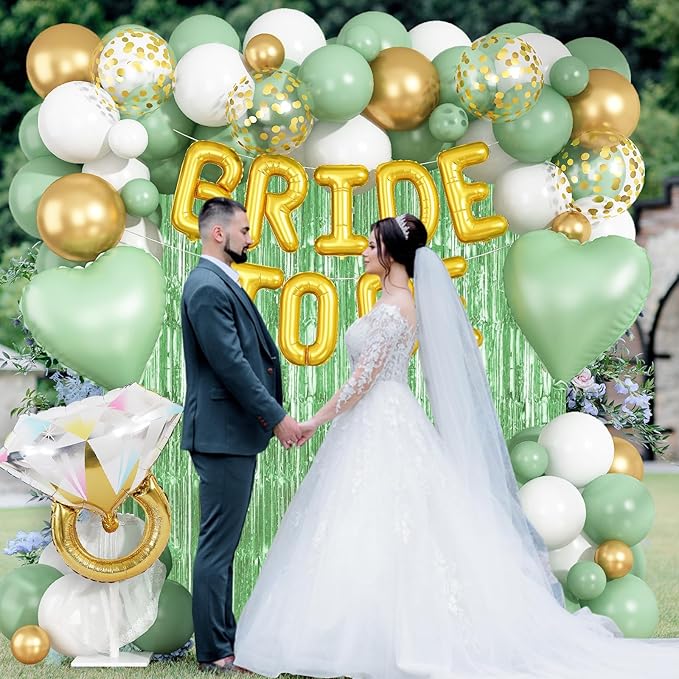 Sage Green Bachelorette Party Decorations, Bride To Be Helium Mylar Foil Letter Balloons with White Gold Camp Latex Balloons and for Bridal Shower Decoration Engagement Hen Wedding Party Decor