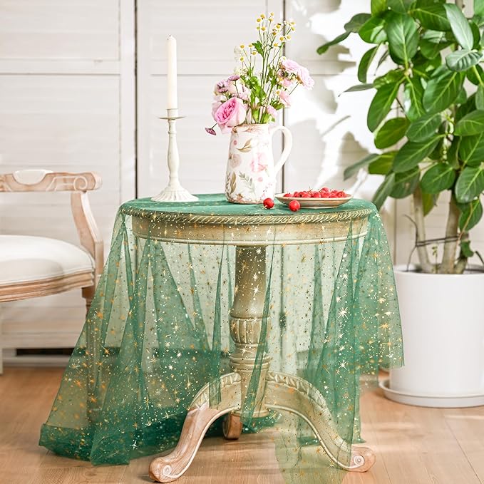 Horaldaily Green Gold Sparkling Star Gauze Tablecloth 60x84 Inch Rectangular, Golden Star Sequin Glitter Metallic Foil, Sheer Tulle Cheesecloth for Wedding Baby Shower Party