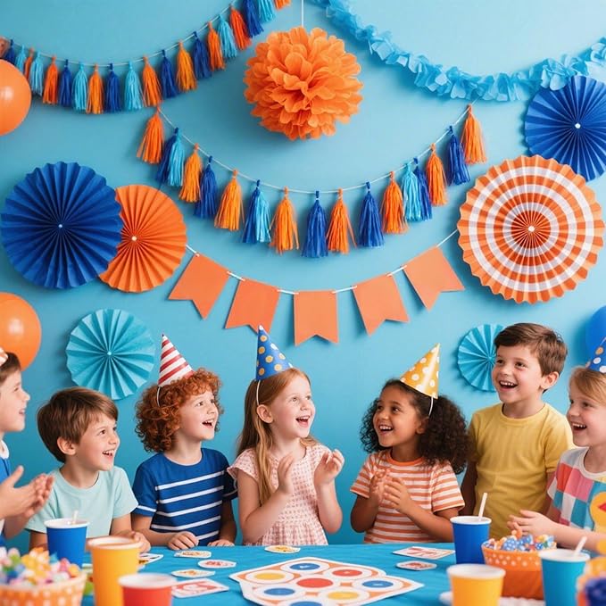 Orange and Blue Paper Tassel, 20 Pack, Party Decorations for Birthday, Baby Shower, Sprot Game,Graduation