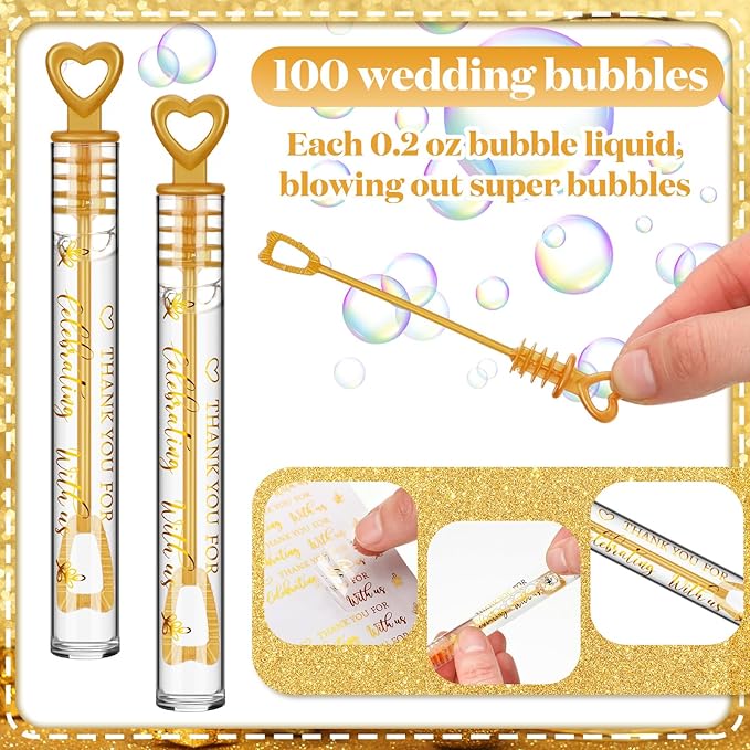 Shappy 100 Pcs Wedding Bubble Bulk Wedding Party Favors Bubble Wand for Guests Send Off with Stickers for Bridal Shower Anniversaries Celebration Goody Bag Stuffers Filler (Gold Heart)