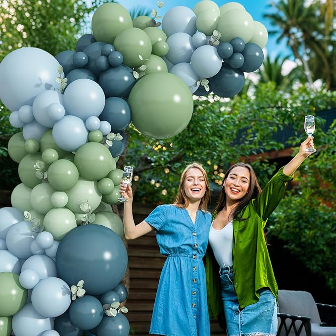 Blue and Green Balloon Arch Kit 107Pcs Dusty Blue Sage Green Balloons Garland Retro Slate Haze Fog Pale Gray Birthday Party Balloons for Boys Rustic Navy Woodland Jungle Baby Shower Decorations