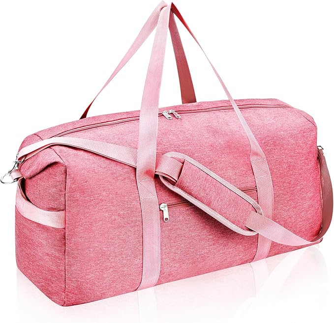 Carry on luaggage 22x14x9 Airlines Approved, Foldable Travel Duffel Bags Weekender Overnight Carry on Duffel Luggage Gym Duffle Bag with Wet Pocket & Shoe Compartment for Women Men(Pink, 40L)