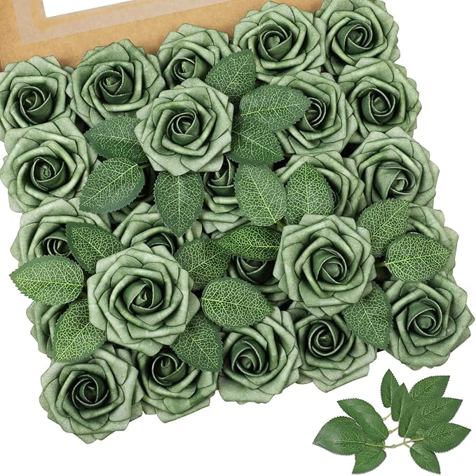 AmyHomie Artificial Flowers Green Rose 25pcs Real Looking Fake Roses w/Stem for DIY Wedding Bouquets Centerpieces Arrangements Party Baby Shower Valentines Day Christmas Tree Decorations