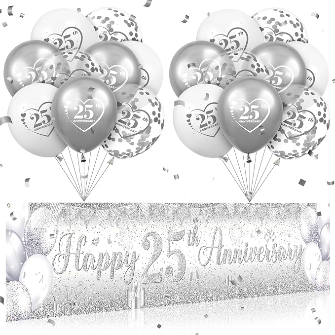 Silver 25th Wedding Anniversary Decorations for Men Women Silver Happy 25th Anniversary Banner and 18Pcs Balloons for 25 Years Wedding Party Decoration Supplies