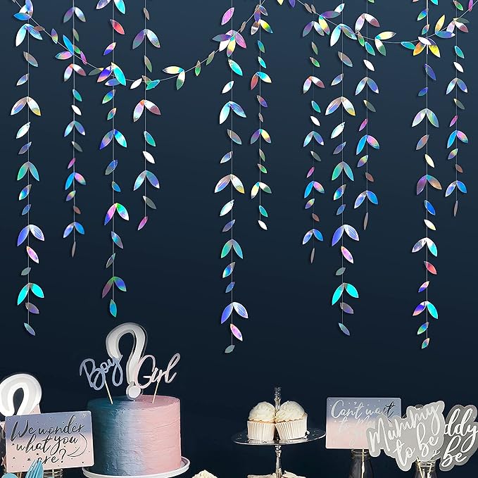 52Ft Iridescent Leaf Garland Holographic Paper Colorful Hanging Leaves Streamer Banner for Birthday Baby Shower Wedding Engagement Bridal Shower Bachelorette Holiday Euphoria Party Decoration Supplies