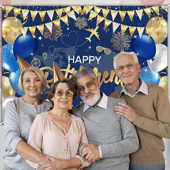 Mocsicka Happy Retirement Backdrop Pink Rose Gold Balloons Women Happy Retirement Banner Party Decorations Photo Booth Props (Blue Gold, 8x6ft)