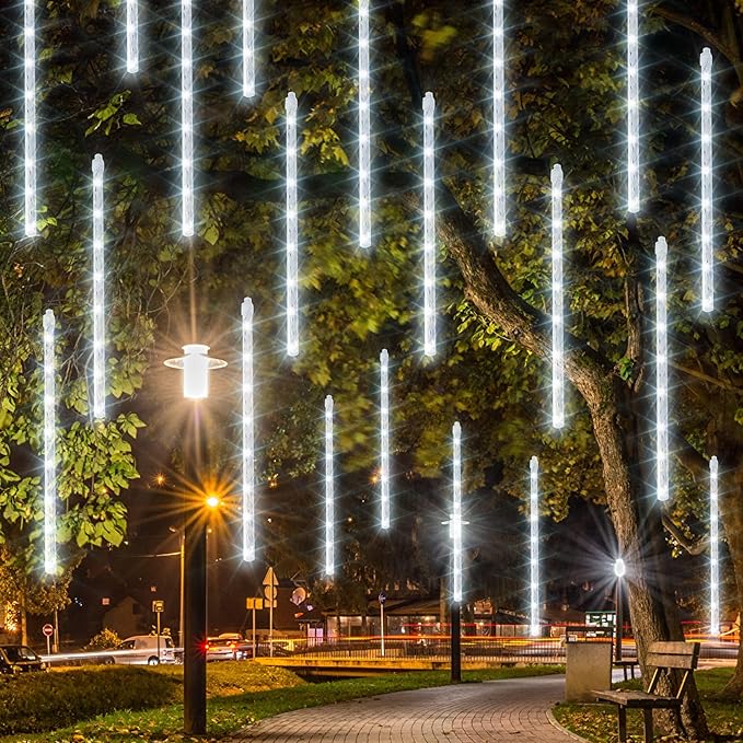 Dazzle Bright 1728 LED Christmas Light, Meteor Shower Rain Lights 11.8 Inch 48 Tubes, Waterproof Plug in Falling Rain Lights Decorations for Xmas Tree Yard Party (White)